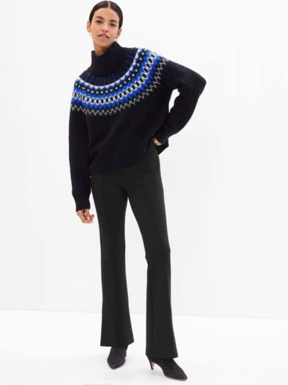 GAP Fair Isle Sweater Mock Neck Relaxed Fit Warm Cozy Black White Blue Knitted